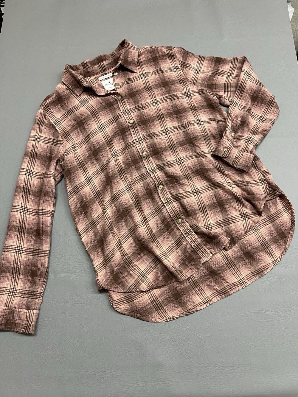 American Eagle Womens Flannel Shirt Boyfriend Fit Plaid Size XL Pocket Casual